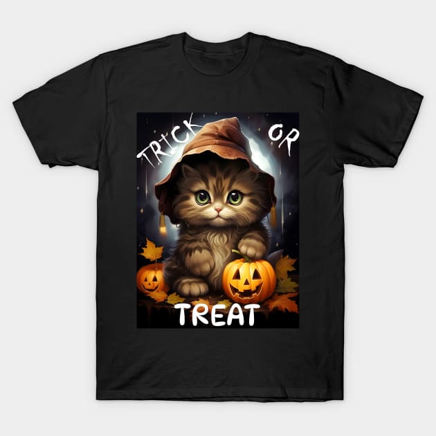 Trick Or Treat Halloween Cat T-Shirt by Obotan Mmienu